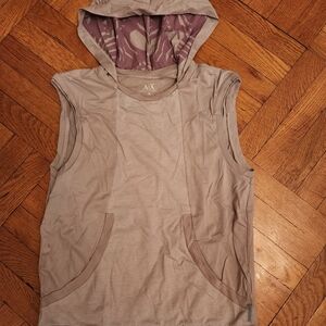 Armani Exchange Sleeveless Hooded Tank in Taupe with Mauve Patterned Hood Lining
